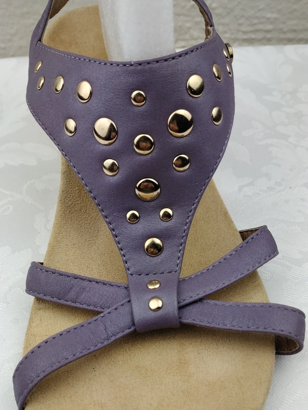 Vionic Orthaheel Catarina Leather Purple Studded Open Toe Slingback Wedge Sandal